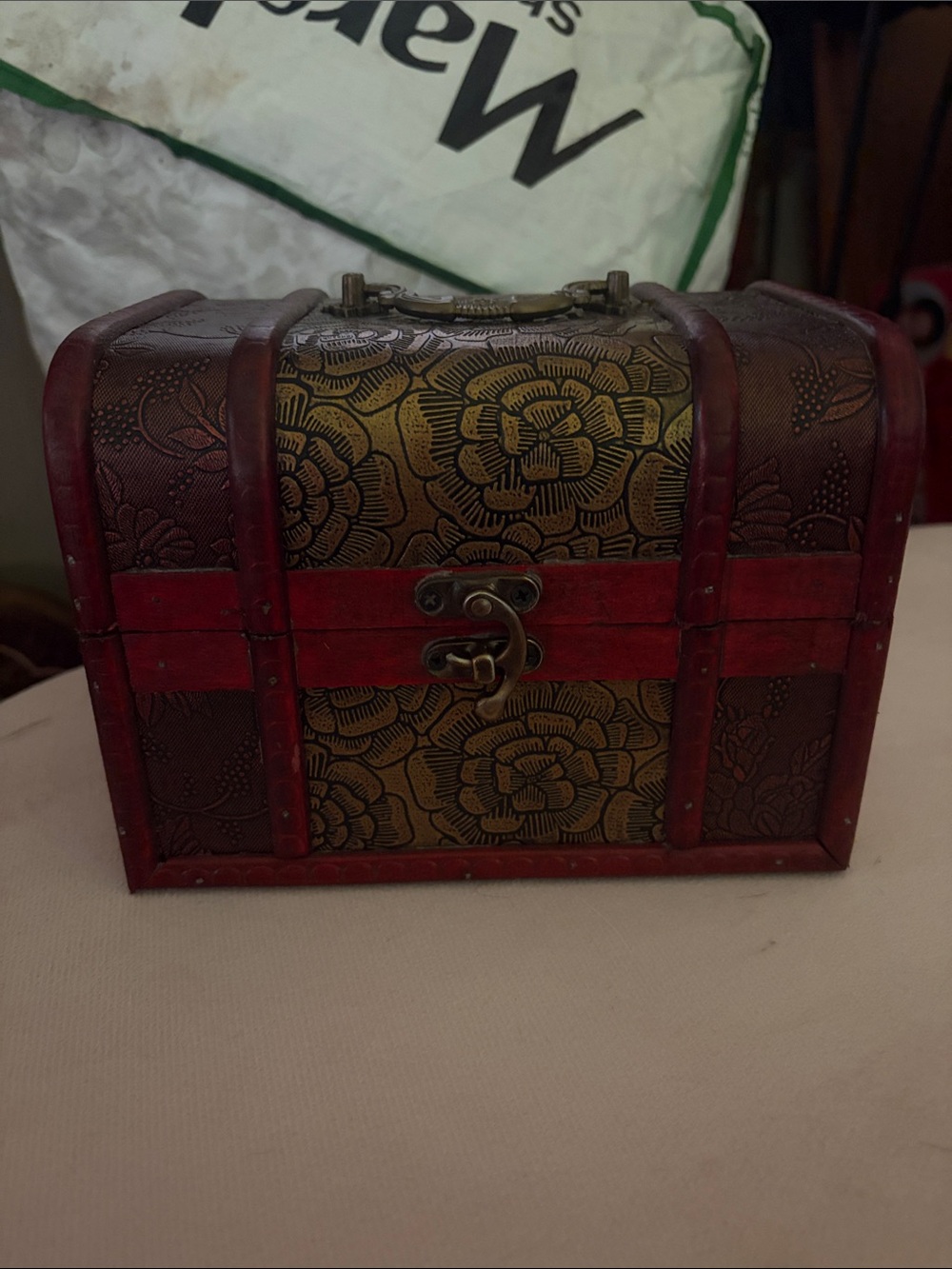 Amazon Essentials Red and Gold Floral Embossed Jewelry Chest